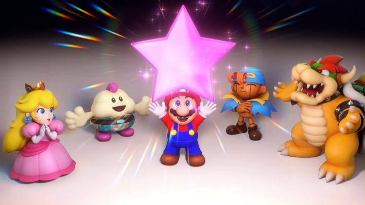Mario. Peach, Mallow, Bowser, and Geno find one of the Seven Stars in Super Mario RPG.