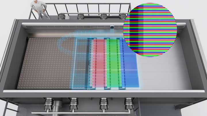 A rendering of UDC's OVJP system for printing RGB OLED panels.