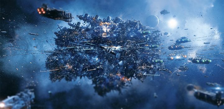 Space ships zoom toward a floating city in Valerian.