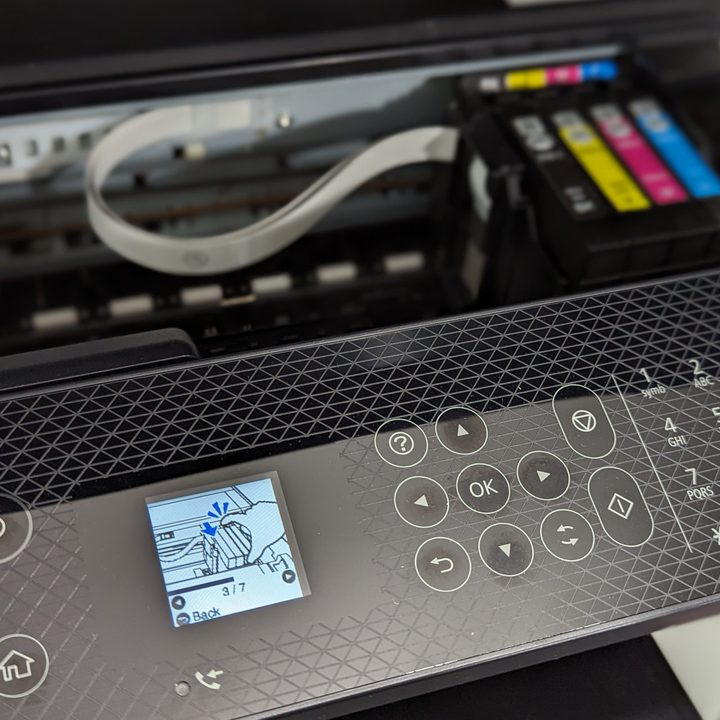 The ink replacement screen on a printer.
