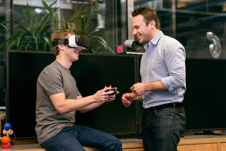 Facebook CEO Mark Zuckerberg wearing a Samsung Gear VR headset.