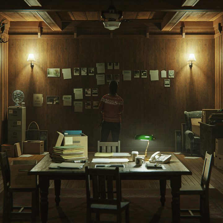 Saga stands in front of an evidence board in Alan Wake 2.