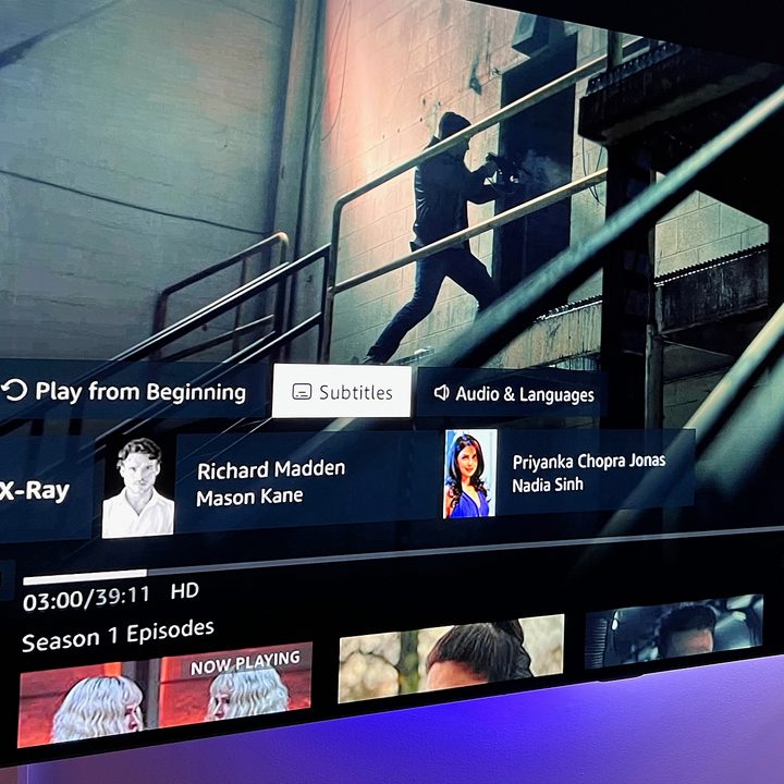 Amazon Prime Video playing on a TV with the Subtitles menu.
