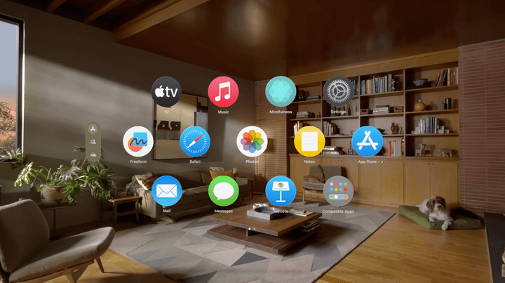 Apple Vision Pro home screen shows floating apps.
