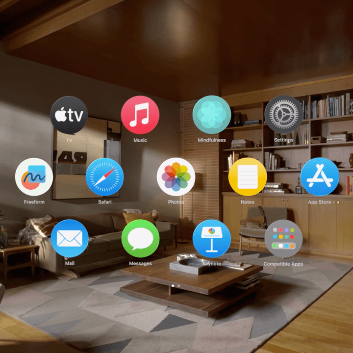 Apple Vision Pro home screen shows floating apps.