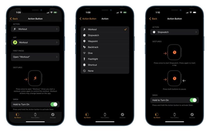 Configuring the Action Button on an Apple Watch Ultra through the Watch app on iOS.