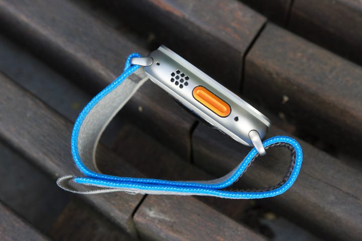 Side view of the Apple Watch Ultra, showing the orange Action Button.