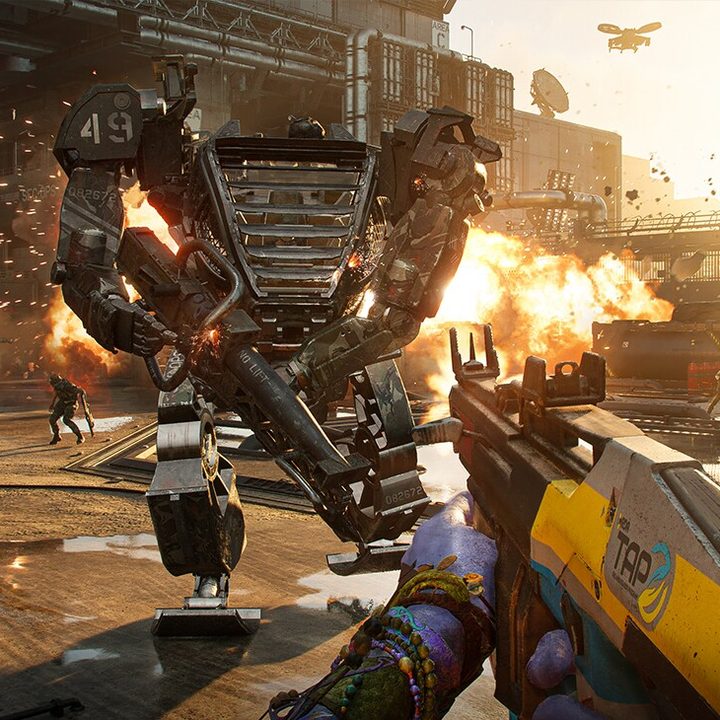 A Na'vi shoots a gun at a mech in Avatar: Frontiers of Pandora.