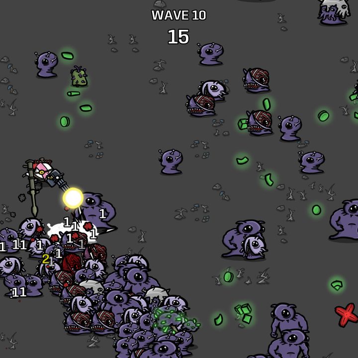 A potato shoots waves of enemies with guns in Brotato.