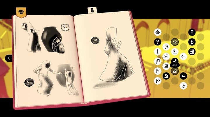 A notebook shows symbols and drawings in Chants of Sennaar.