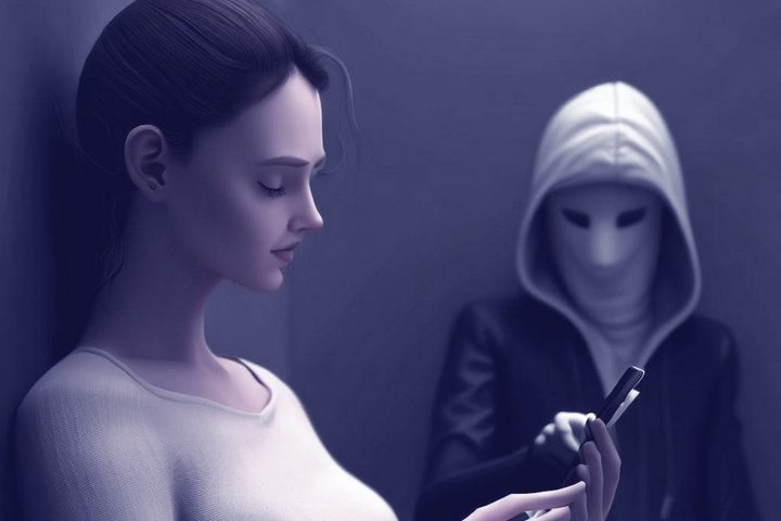 AI render of a masked person spying on another person