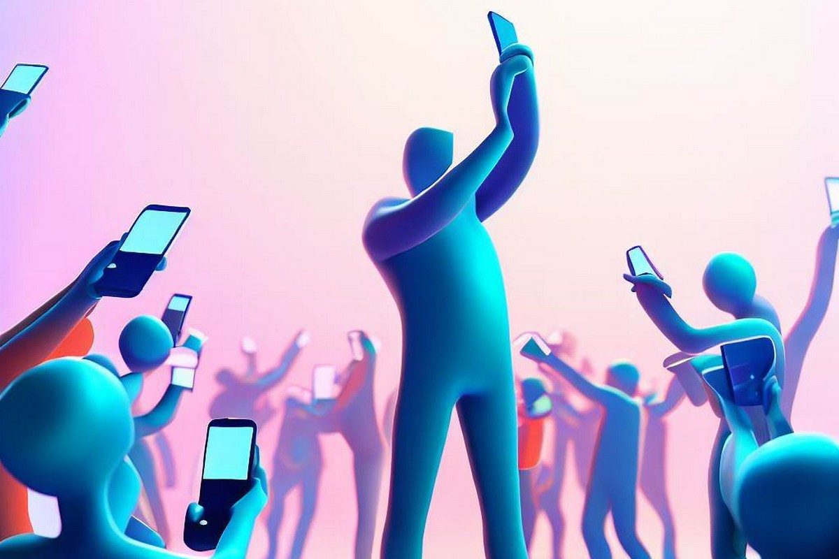 AI render of people clicking selfies.