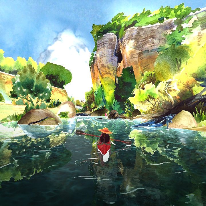 Mimi paddles down a river in a kayak in Dordogne.