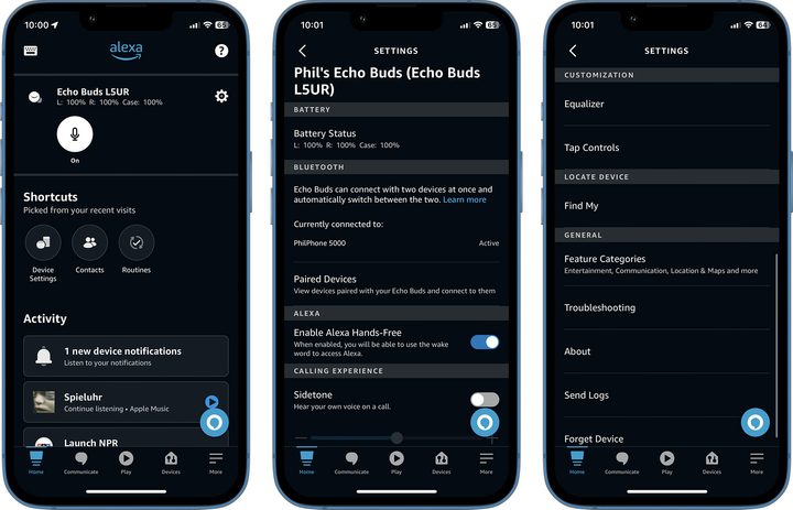 In-app options for the Amazon Echo Buds.