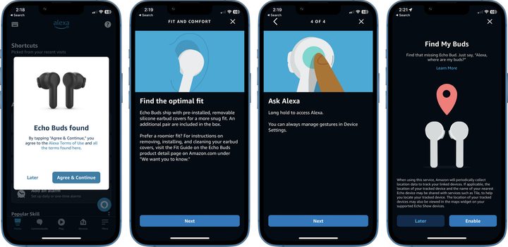 A selection of setup screens for the Amazon Echo Buds.