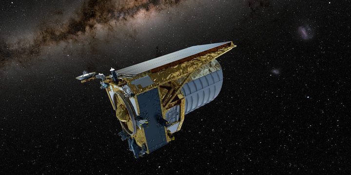 This artist’s concept shows the ESA (European Space Agency) Euclid mission in space.
