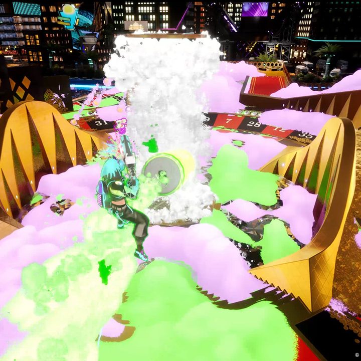 A character surfs on foam in Foamstars.