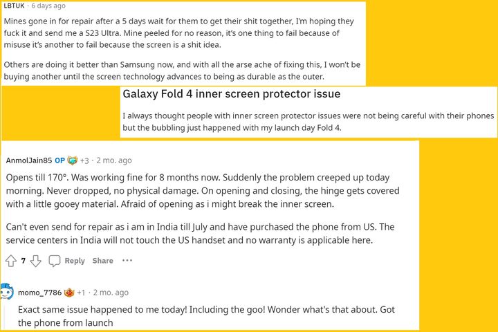 Complaints about Samsung foldable phones online.