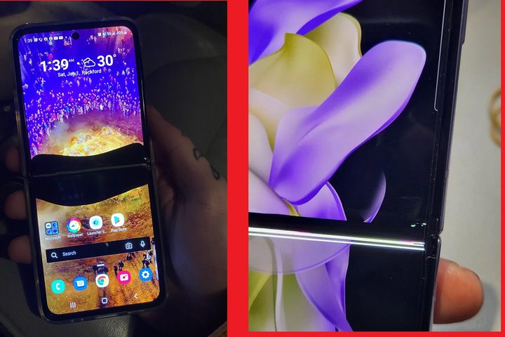 Broken screen on Samsung Galaxy Z Flip series phones.