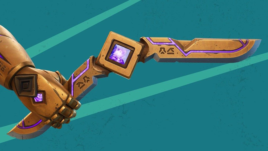 A hand holding the new Kinetic Boomerang weapon in a Fortnite key art release.