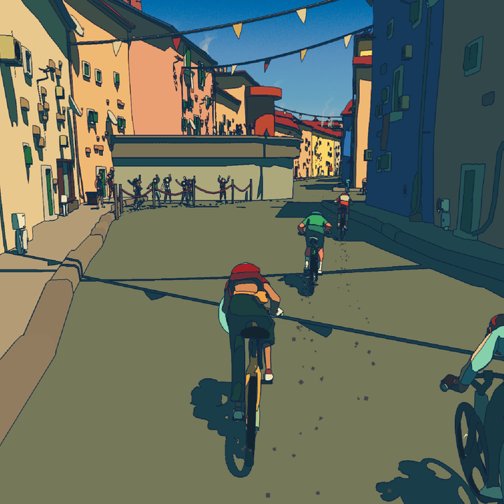 Bikers cycle through a town street in Ghost Bike.