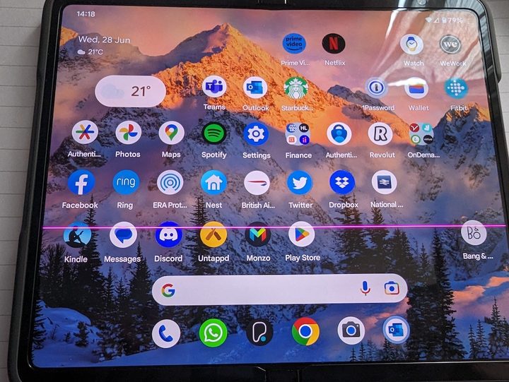 Google Pixel Fold with a pink line running through the display.