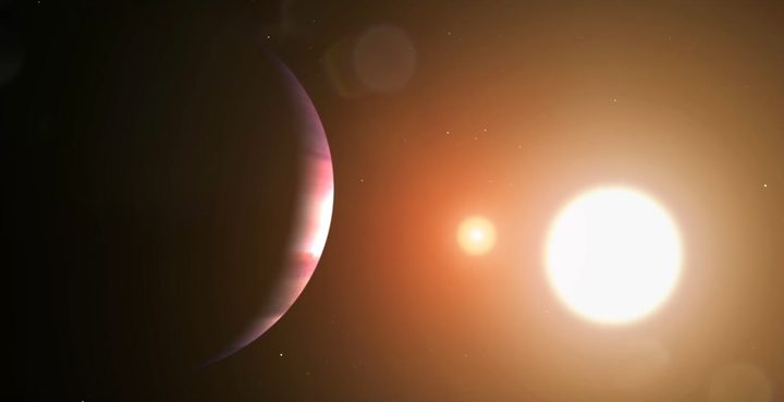 An artist's illustration shows that the stars in the TOI 1338 system make an eclipsing binary — they circle each other in our plane of view.