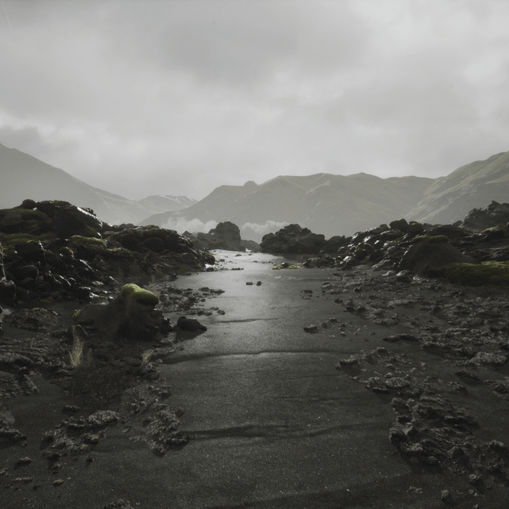 A rocky landscape appears in Lushfoil Photography Sim.