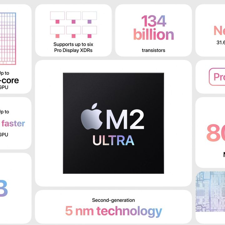 A slide showing the capabilities of Apple's M2 Ultra chip.