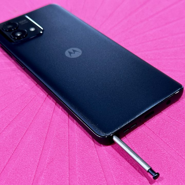Moto G Stylus 5G 2023 with stylus popped out.