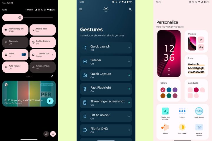 Screenshots of the Quick Settings and Moto app on the Razr Plus.