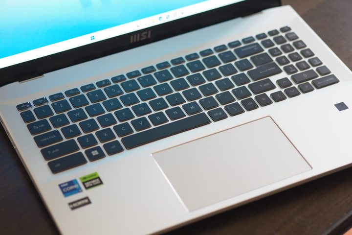 MSI Prestige 16 Studio top down view showing keyboard and touchpad.