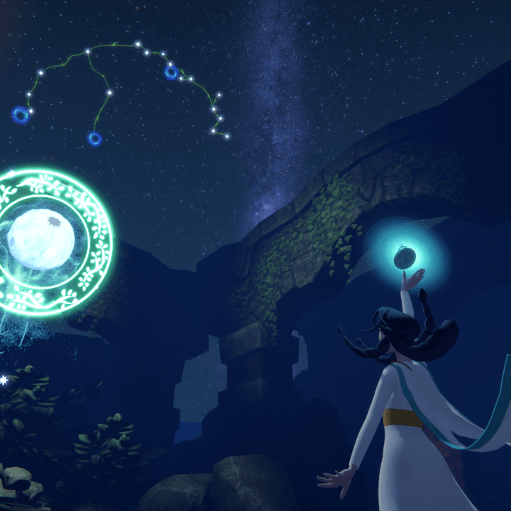 A character raises her hand towards the sky in Nightscape.
