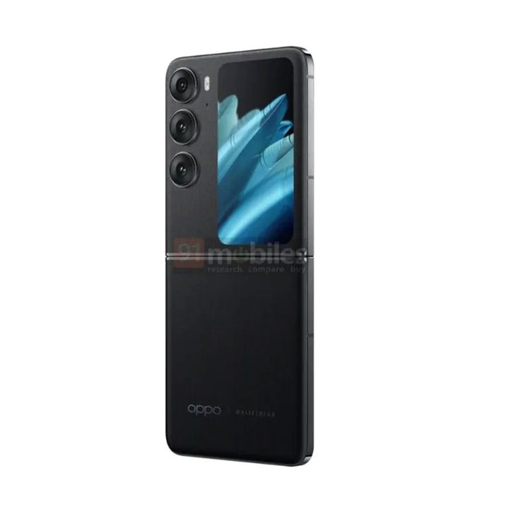 A leaked render of the Oppo Find N3 Flip that shows the phone unfolded with three cameras on its front cover.