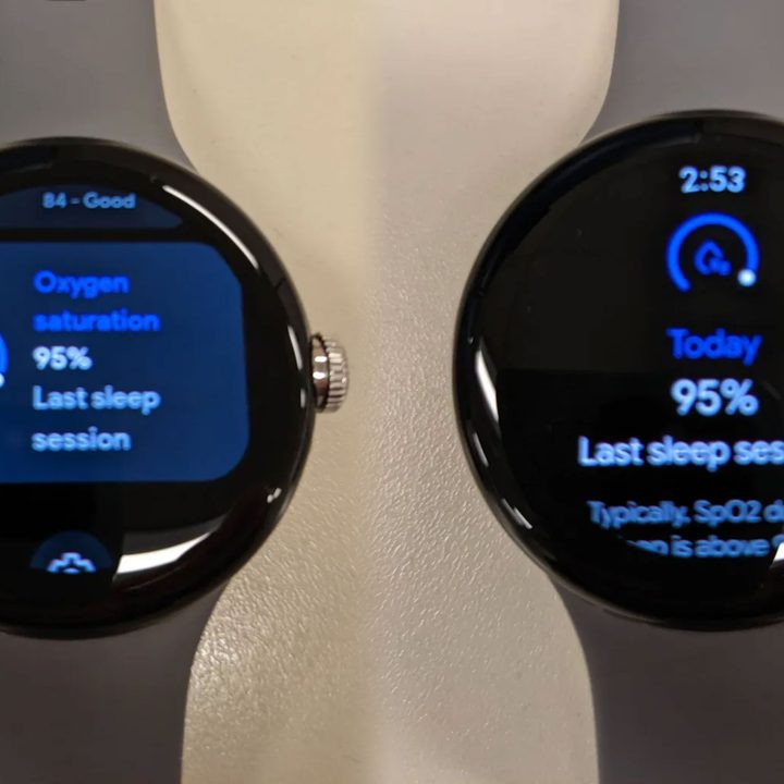 Two images of a Pixel Watch displaying the new SpO2 tracking feature.