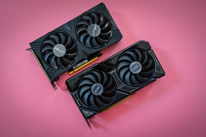 Two RTX 4060 graphics cards sitting next to each other.