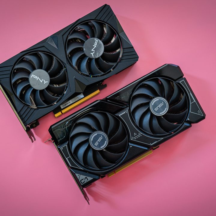 Two RTX 4060 graphics cards sitting next to each other.