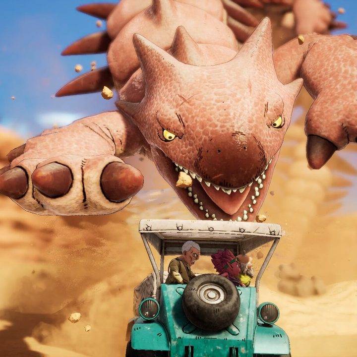 A sand creature jumps at a jeep in Sand Land.