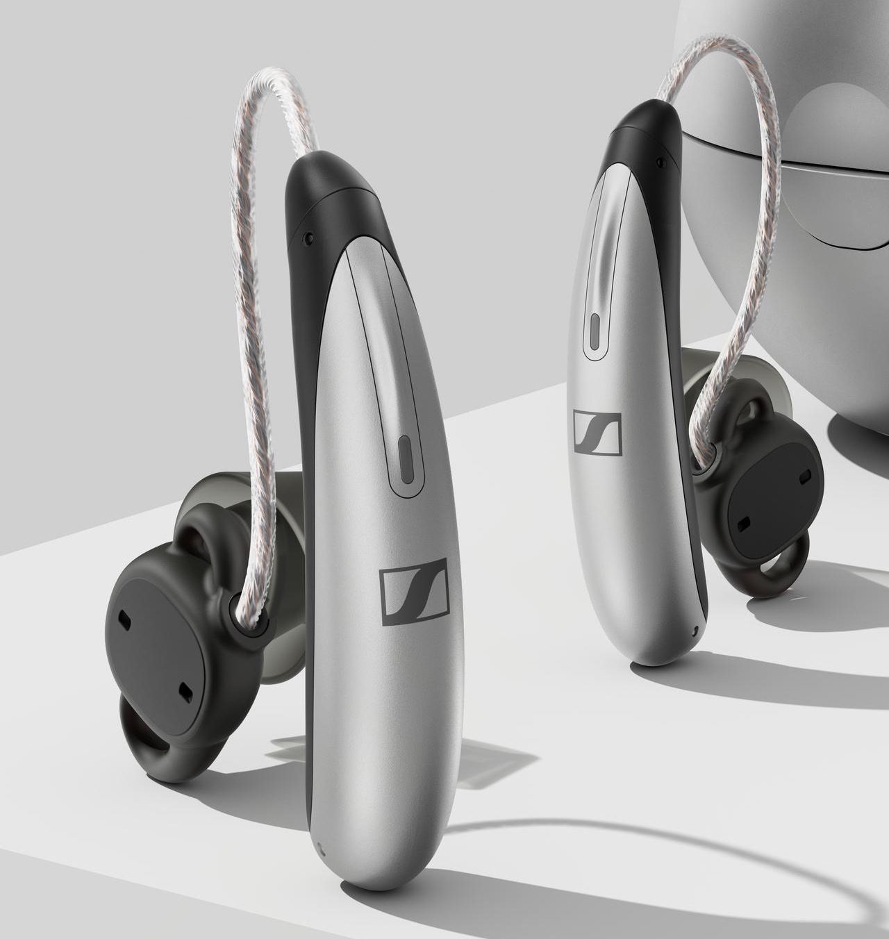 Sennheiser All-Day Clear Slim OTC hearing aids.