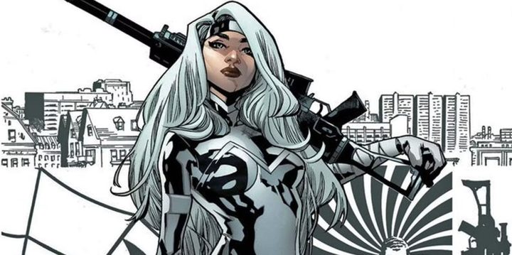 Silver Sable holds a gun in a Marvel comic book.