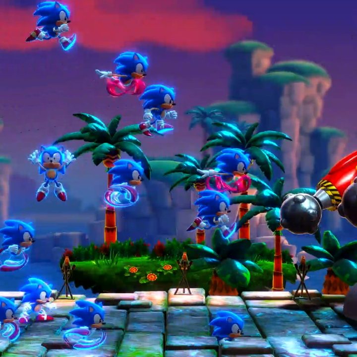Multiple Sonics fight a robot in Sonic Superstars.