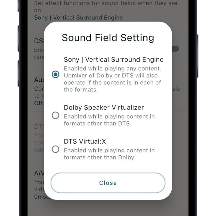 Sony Home Entertainment Connect app sound field settings.