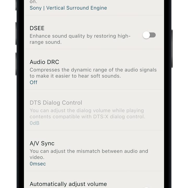 Sony Home Entertainment Connect app sound settings.