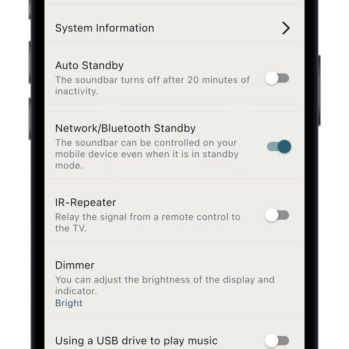 Sony Home Entertainment Connect app system settings.
