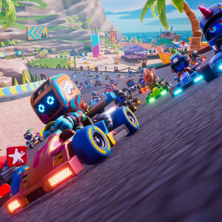 60 players race on a track in Stampede Racing Royale.