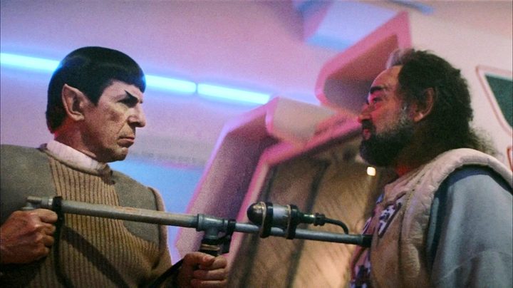 Spock points a spear at his brother in Star Trek V.