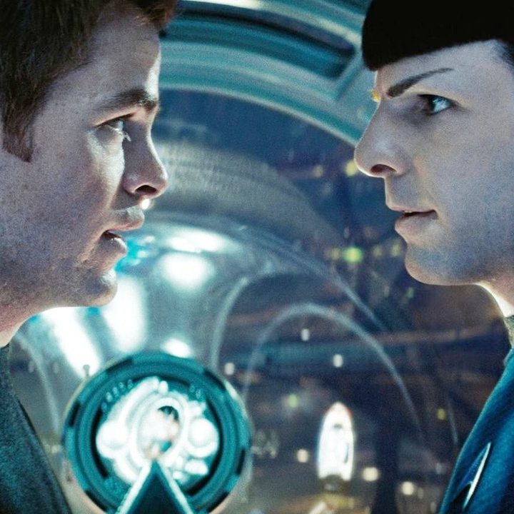 Kirk and Spock look at each other in "Star Trek" (2009).