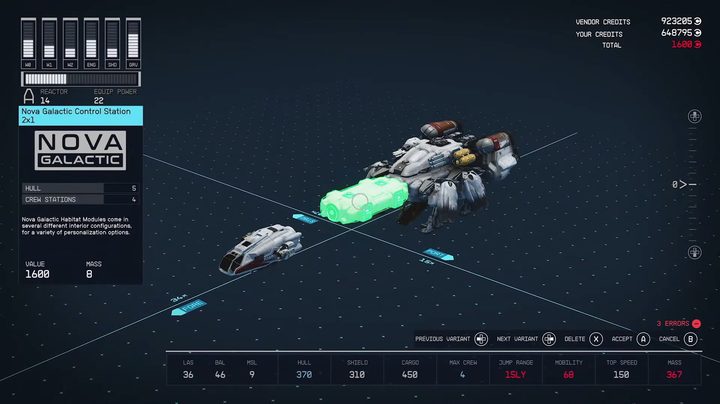 A player customizes a spaceship in Starfield.
