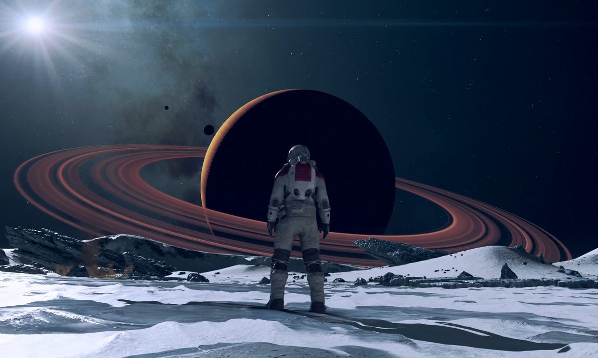 An astronaut stands on the moon in Starfield.