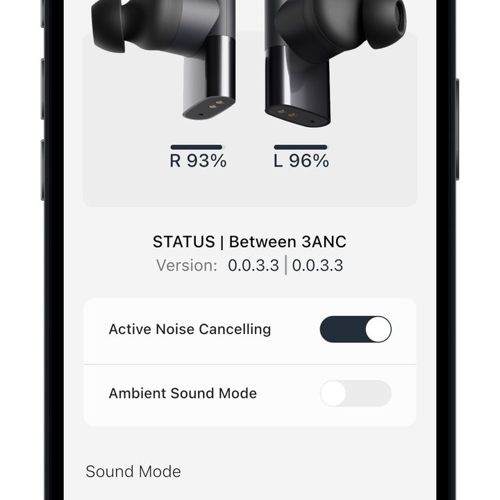 Between 3ANC app for iOS, home screen.